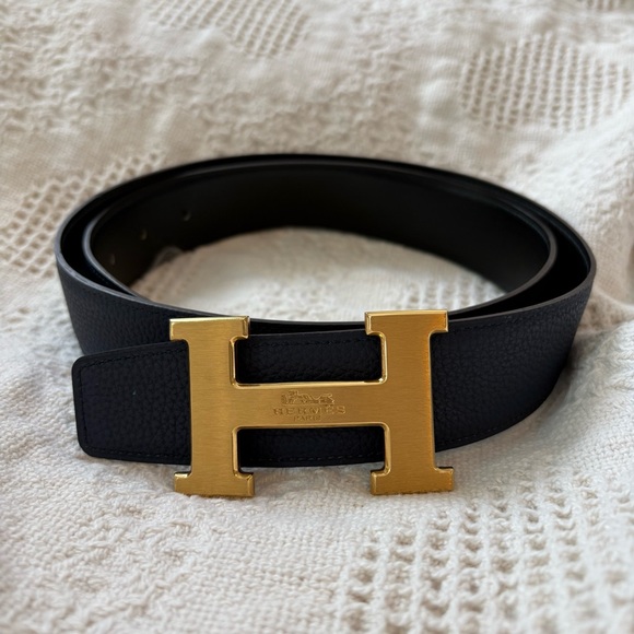 Hermes Navy Leather Belt with Gold 'H' Hermes Buckle